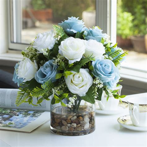 Enova Home 18 Heads Cream Blue Rose Silk Flowers Arrangement In Clear Glass Vase With River Rock