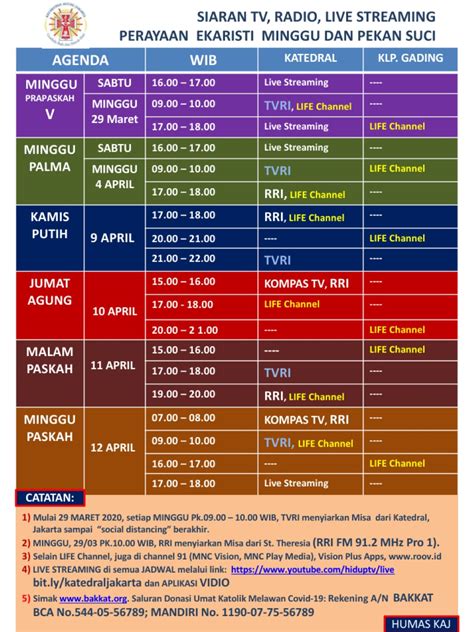 Berikut ini jadwal misa dan ibadat pekan suci 2021 di paroki katedral jakarta (semua juga disiarkan melalui live streaming ): Jadwal Siaran Langsung Misa Pekan Suci di KAJ | SESAWI.NET