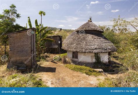traditional ethiopian wooden village houses with straw roofs in the valley near gondar ethiopia