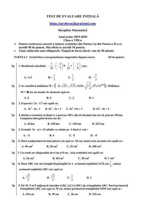 An Scolar 2019 2020 Clasa A Viii A Test Initial La