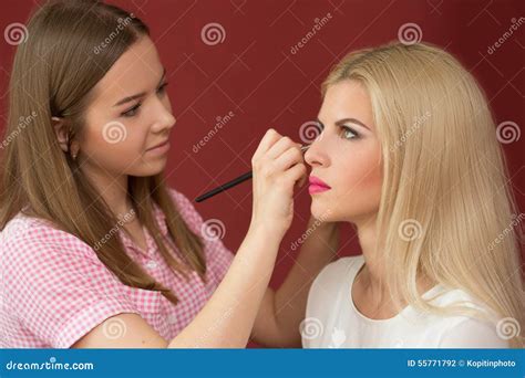 Professional Make Up Artist Doing Glamour Model Stock Photo Image Of
