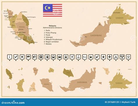 Malaysia Detailed Map Of The Country In Brown Colors Divided Into