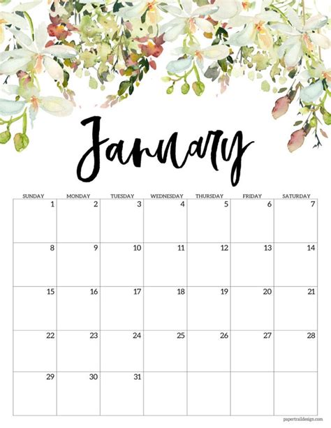 Print This January 2023 Floral Calendar Page For Free And Start