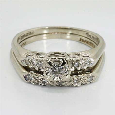 14k White Gold Diamond Vintage Wedding Ring Set