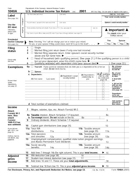 Classic Planet Pdf Standard Pdf Version Of Irs Tax Form 1040a For 2001