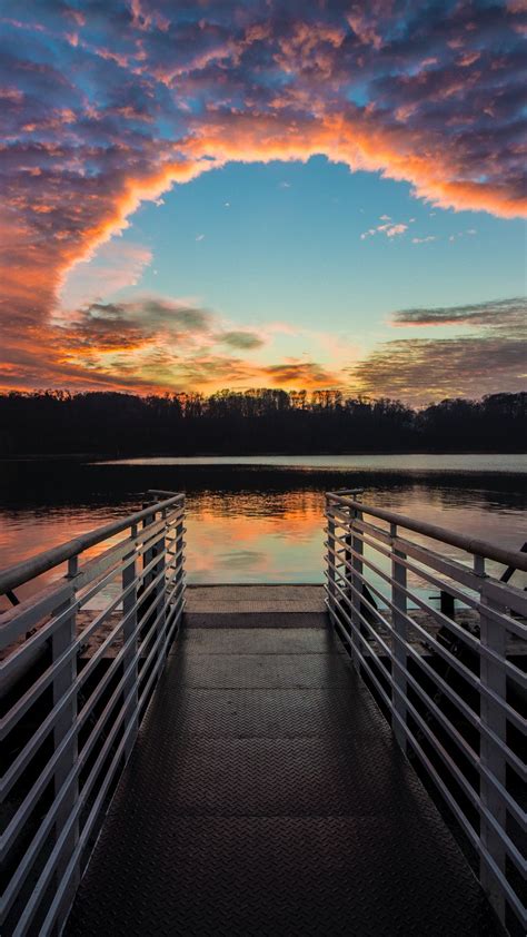 Pier Lake Dusk Sunset Sky Clouds