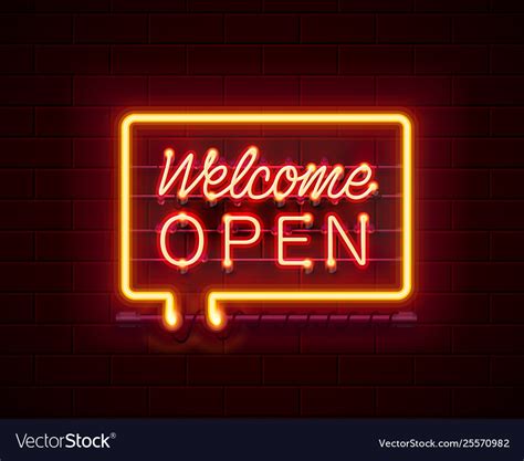 Neon Welcome Open Signboard On Brick Wall Vector Image