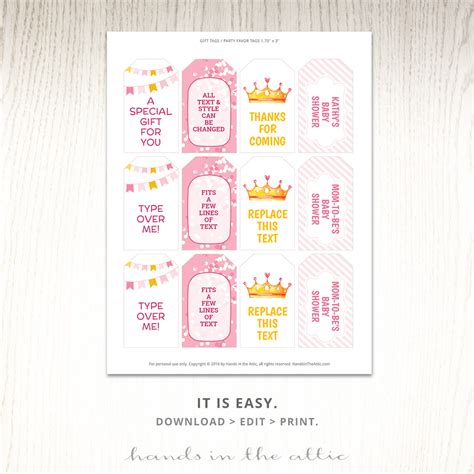 Most files are in pdf and include favor tags here is a set of free printable baby shower invitations designed for a pea in the pod or garden themed baby shower party. Royal princess baby shower gift tags | Favor Tags Template