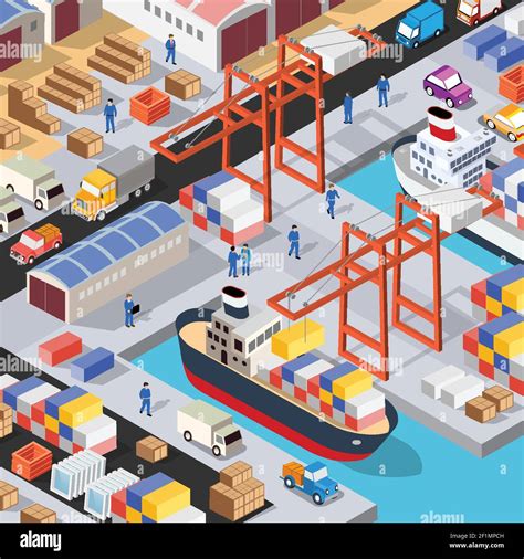 Isometric Port Cargo Ship Cargo Seaport At Sea Stock Vector Image And Art