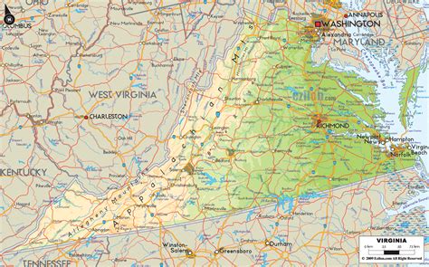 Physical Map Of Virginia State Usa Ezilon Maps