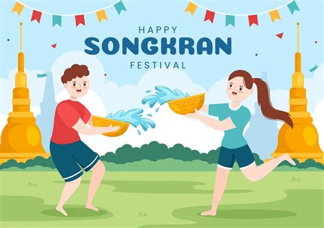 happy songkran festival day hand drawn cartoon illustration playing water gun in thailand