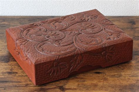 Vintage Japanese Wooden Nikko Pattern Box With Hand Carved Flower Motif