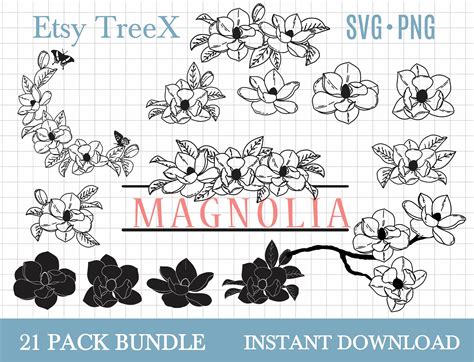 Magnolia Svg Bundle Magnolia Flower Digital File Hand Drawn Etsy