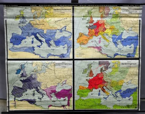 Vintage Rollable Pull Down Map Roman To The Carolingian Empire Wall