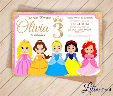 3rd Birthday Disney Princess Birthday Invitation Gold Etsy