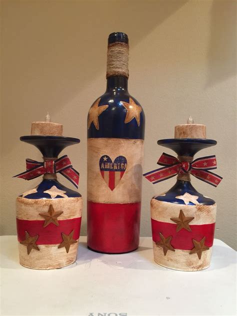 Hand Painted Wine Bottle And Candle Holders 4th Of July Decorations