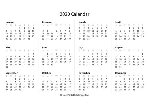 2020 Yearly Calendar