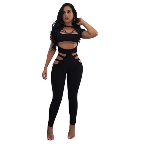 3 Colors Sexy O Neck Bandage Hollow Out Women Jumpsuit Short Sleeve High Waist Solid Slim Long