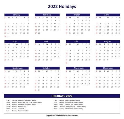 Printable Yearly Calendar With Us Government Holidays 2022