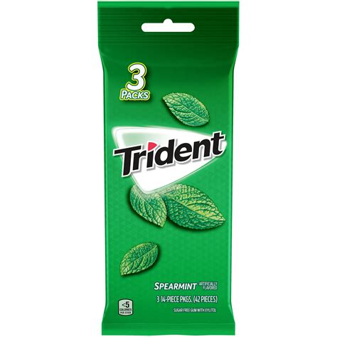 Trident Sugar Free Gum Spearmint Flavor 3 Packs 42 Pieces Total