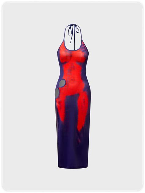 edgy red body print asymmetrical design out the body dress midi dress kollyy