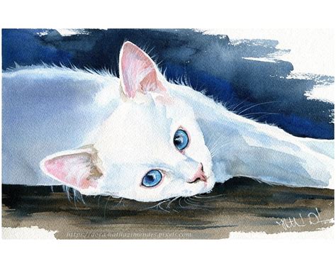 Original Cat Painting White Kitten Handmade Watercolor Cat Etsy Cat