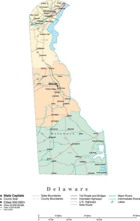 Delaware Digital Vector Map With Counties Major Cities Roads Rivers