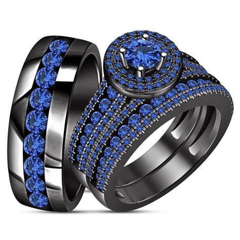 Blue Sapphire Wedding 14k Black Gold Over Bride And Groom Trio Engagement