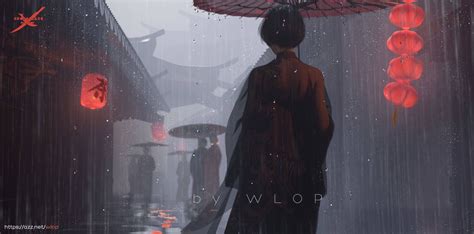 Wlop Ghost Blade Anime Girls Umbrella Anime Rain Hd Wallpaper