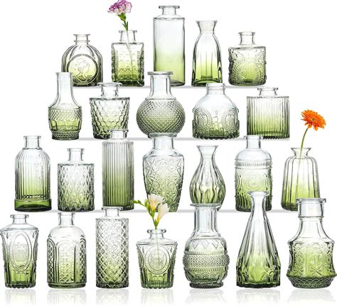 Cucumi 24pcs Glass Bud Vase Set In Bulk Gradual Green Relief Vase For Centerpieces