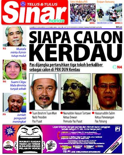 Sinar harian merupakan sebuah akhbar berbahasa melayu di malaysia. Pahang Selamat, Rakyat Nikmat: Enam tokoh PAS di muka ...