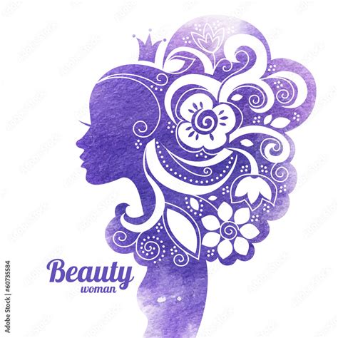 Watercolor Beautiful Woman Silhouette With Flowers Stock Vector Adobe