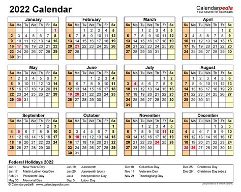 2022 Excel Yearly Calendar Free Printable Templates