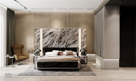Luxury Modern Bedroom With Marble Headboard And Lights Wooden Panels