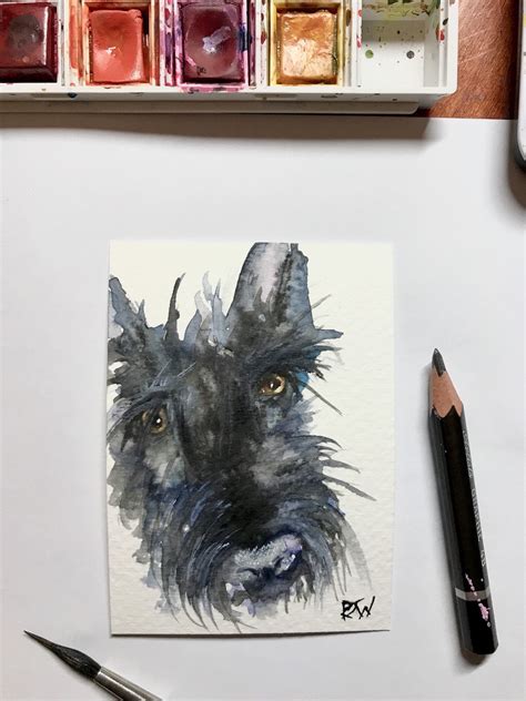 Scottie Dog Aceo Original Watercolour Painting Miniature Etsy