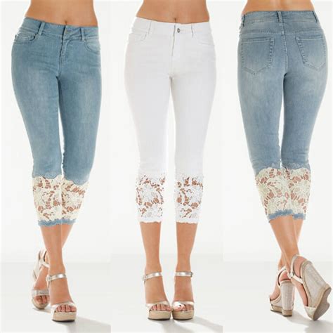 2020 Women Sexy Denim Crochet Floral Lace Jeans Skinny