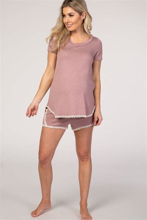 Pinkblush Mauve Crochet Trim Maternity Short Pajama Set