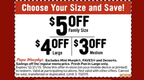 You can find papa murphy's discount codes on several sites. Great deal till 12/21, show coupon on phone! - Yelp