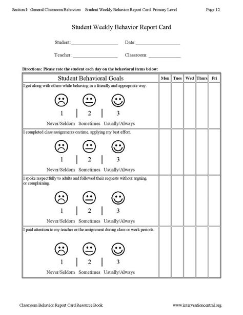 Weekly Behavior Report Template Examples Card Progress Student Inside