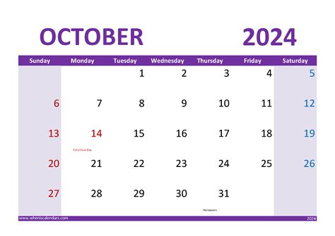 Download Print October 2024 Calendar A4 Horizontal 104025