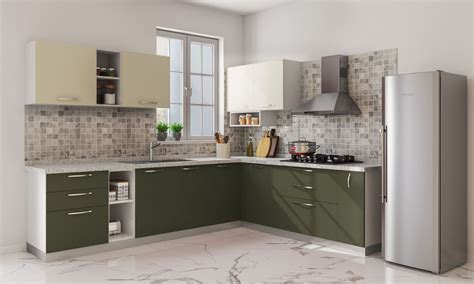 Olive Green Contemporary L Shaped Modular Kitchen With Champagne Accents