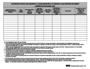 MANIFEST TRACKING LOG Hazardous Waste And Liquid Industrial By Product