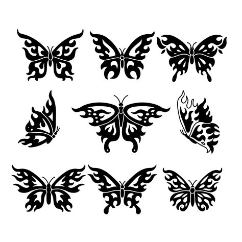 Set Of Tattoo With Abstract Flaming Butterfly Black Silhouettes