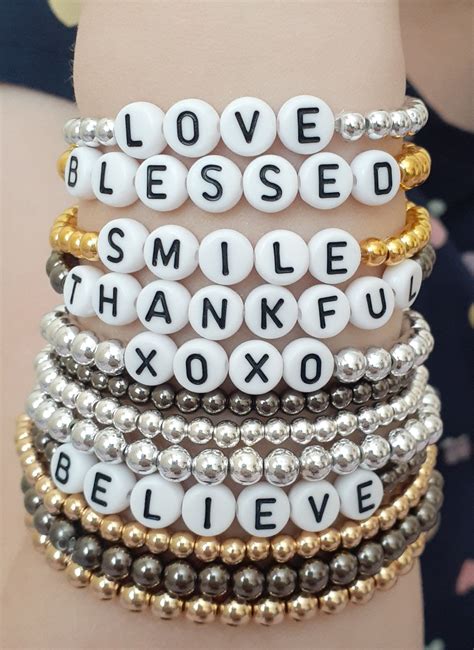 Personalized Word Bracelets With Metal Bead Bracelets Stacking Bracelet Silver Gold Multi