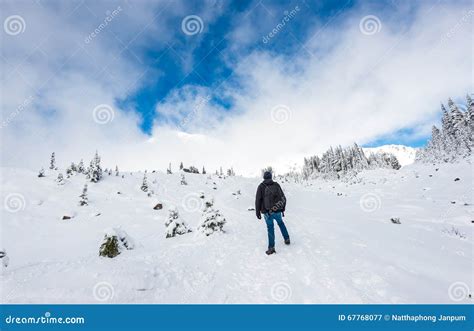 A Man Stand Facing The Mountain On A Path Cover With Snow In Paradise