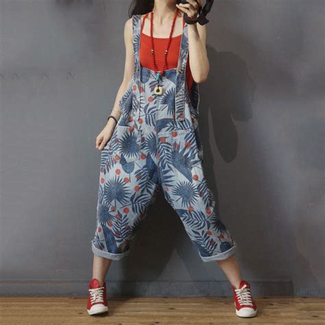 Tropical Printing Cotton Overalls Loose Summer Dungarees In Blue One