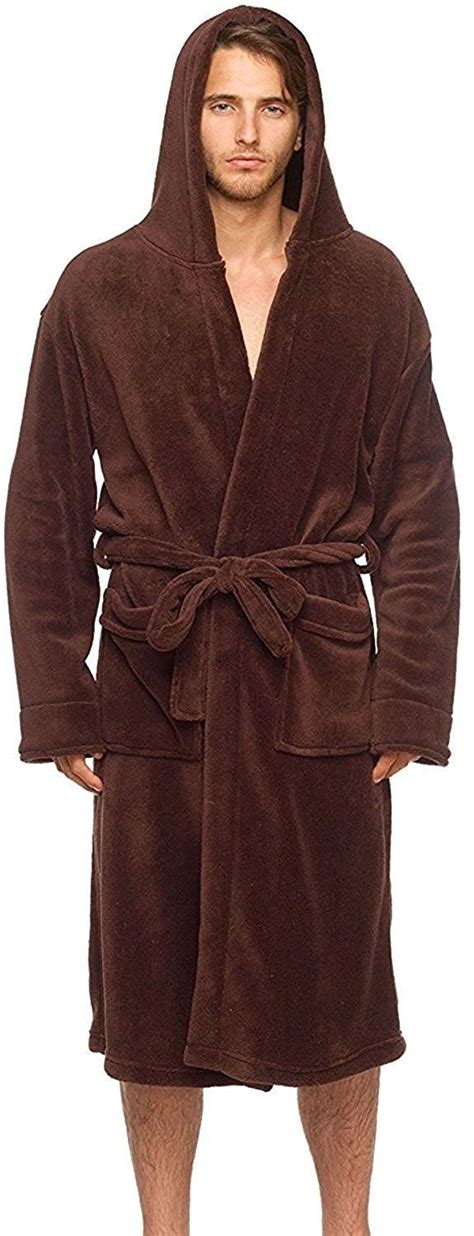 Men S Bathrobe Hooded Robe Plush Micro Fleece With Front Pockets