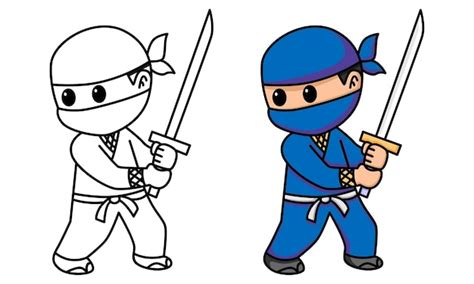 Ninja sosteniendo espada página para colorear para niños Vector Premium