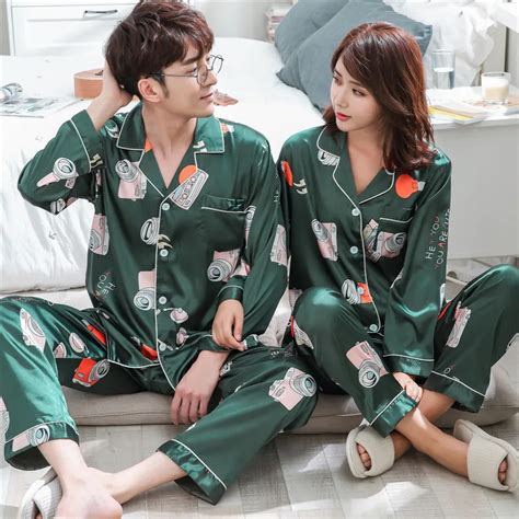 High Quality Silk Satin Couple Pajama Sets Long Sleeve Lovers Clothes Cartoon Womens Pajamas