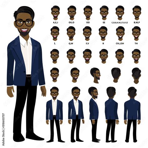 Cartoon Character With African American Business Man In Smart Suit For Animation Front Side